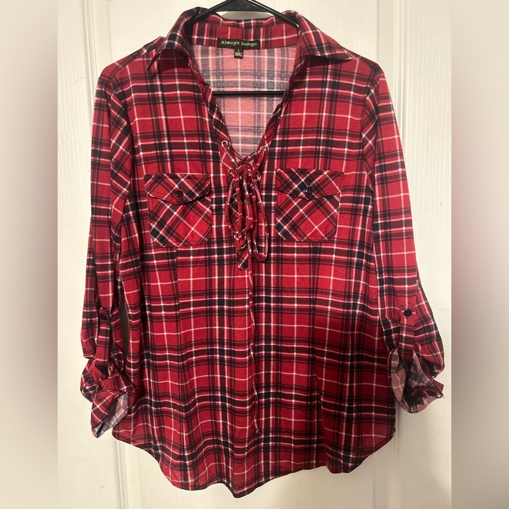 Red/black plaid button up blouse